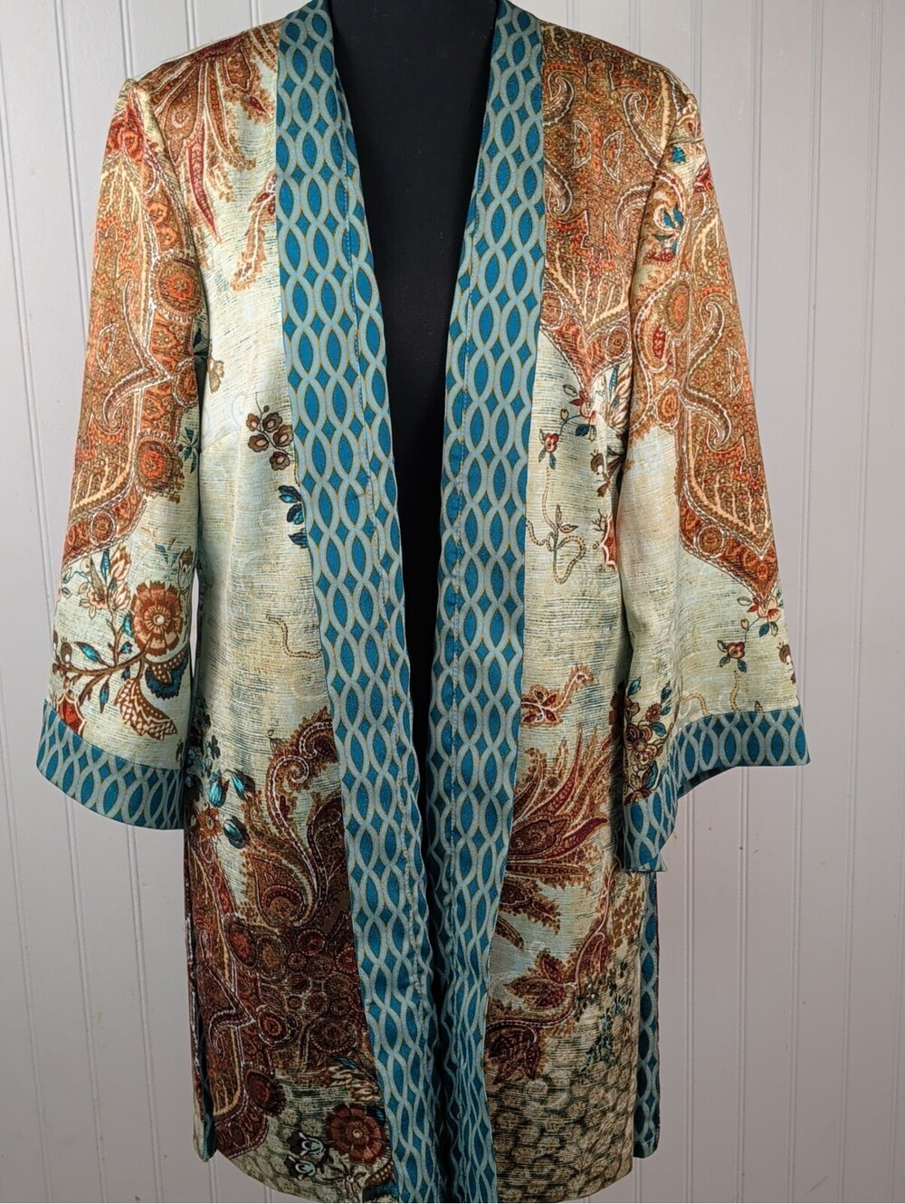 Reversible Kimono Duster Jacket Floral Paisley Teal Size Medium